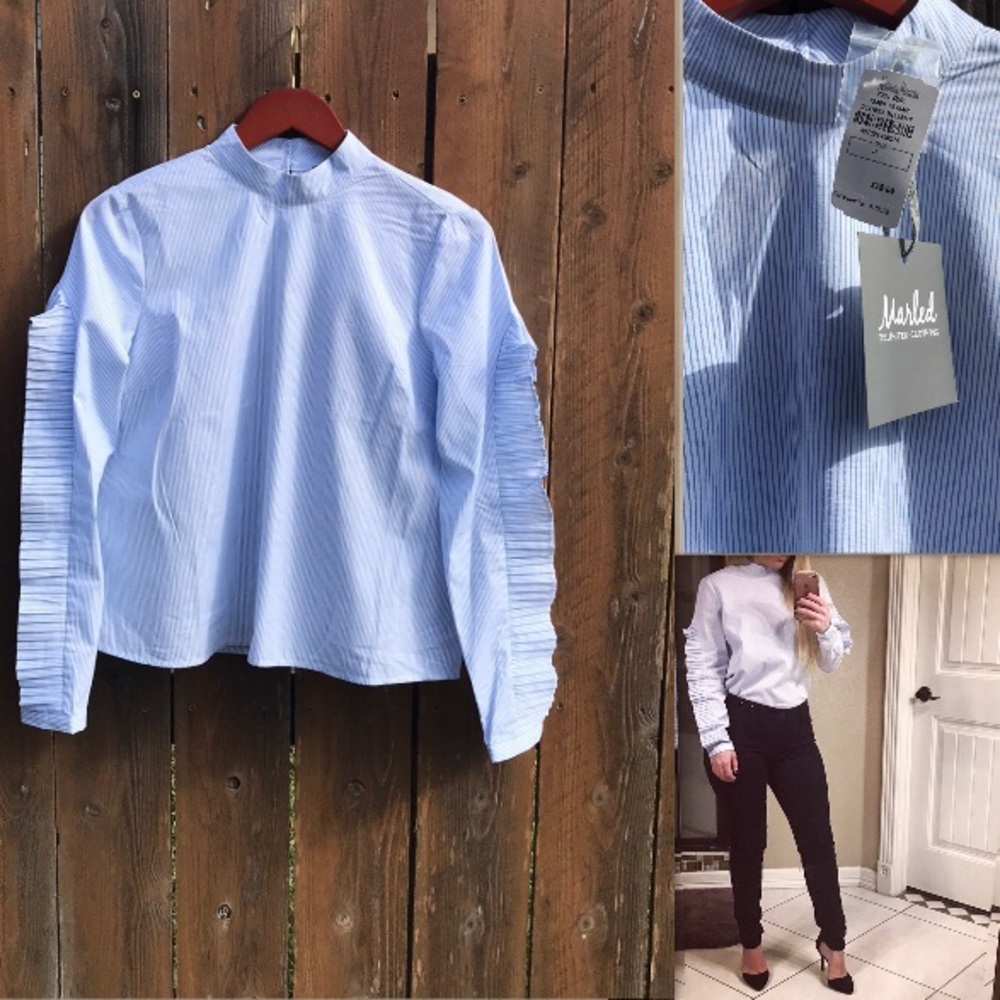 NWT Blue Mock Neck Blouse with Ruffled Sleeves